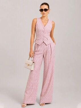 Commense 2 piece Sleeveless Pink Tweed Vest & Wide-Leg Pants Set